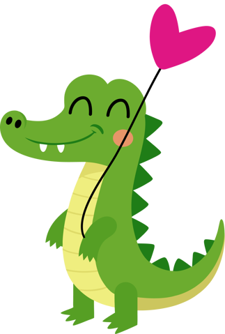 Friendly cartoon green alligator mascot holding a pink heart-shaped balloon, smiling with eyes closed