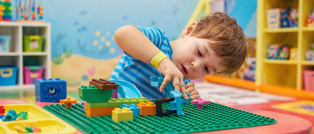 Young boy doing legos at a table in a colorful classroom
