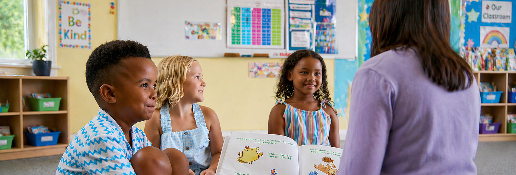 Teacher reading to a group of Pre-K children at daycare