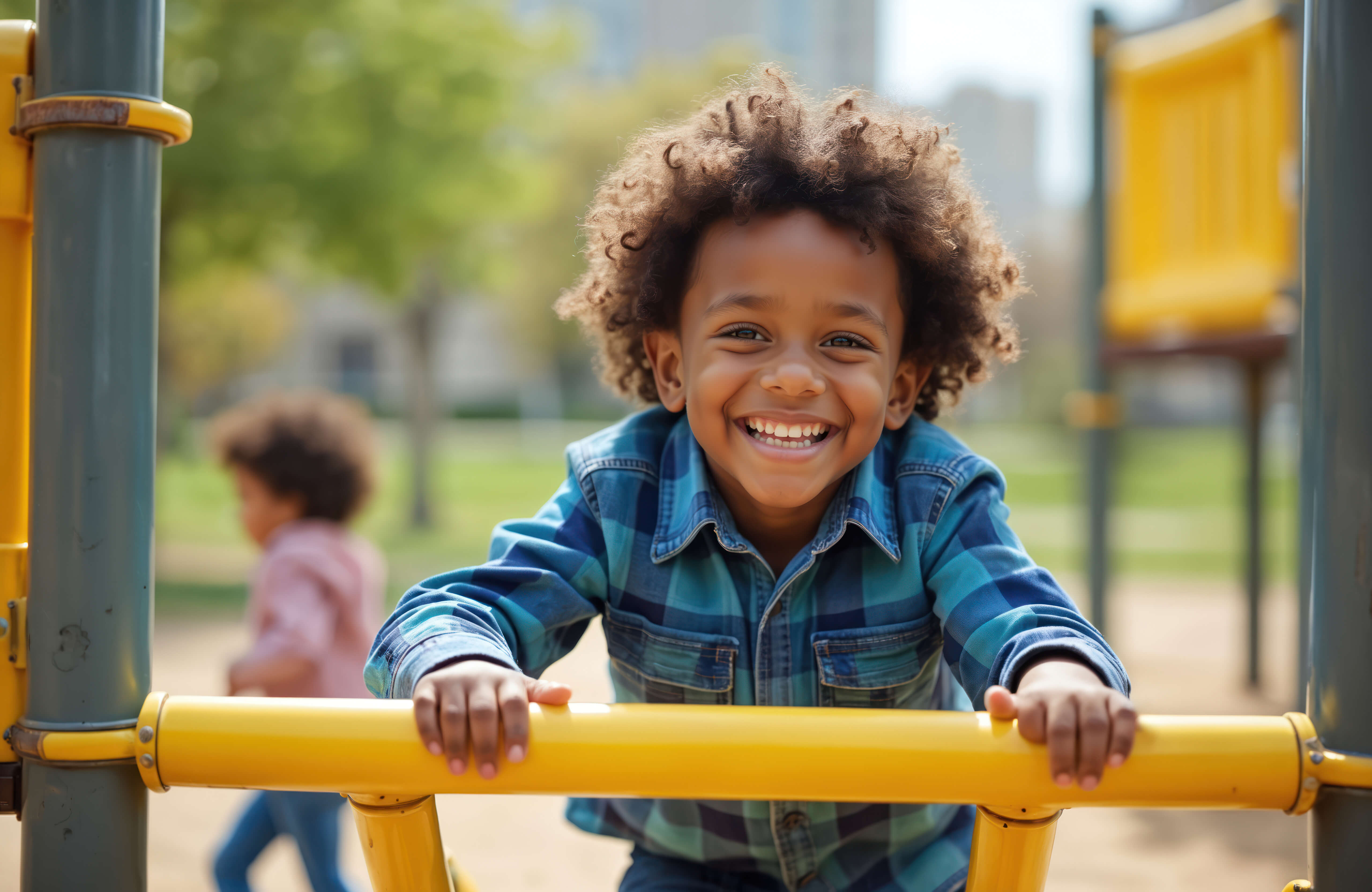 Boy smiling while climbing on yellow playground equipment during school break