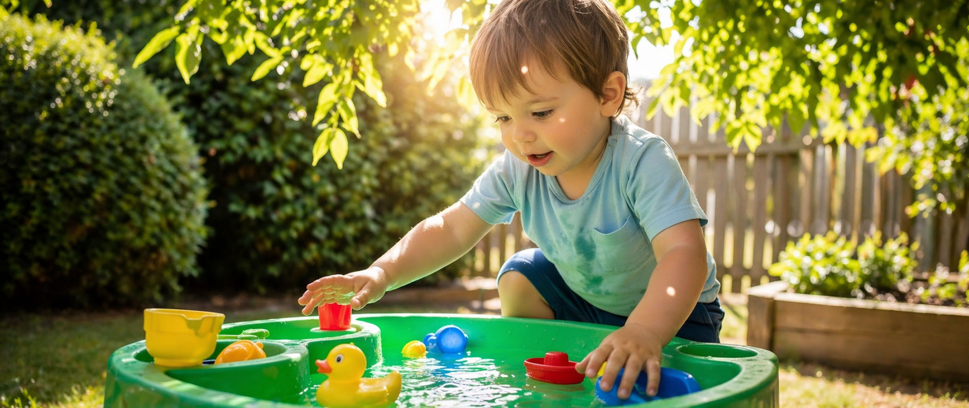 Toddler playing at a water table outside in the sun
