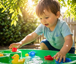 Toddler playing at a water table outside in the sun