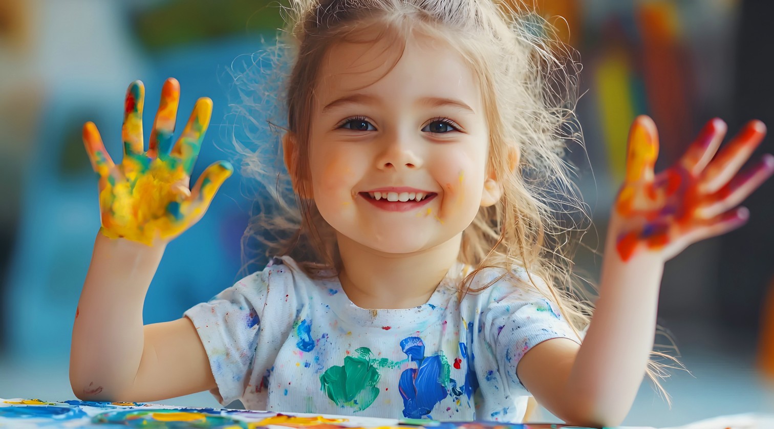 A smiling young girl holds up both hands covered in colorful finger paint during an art activity