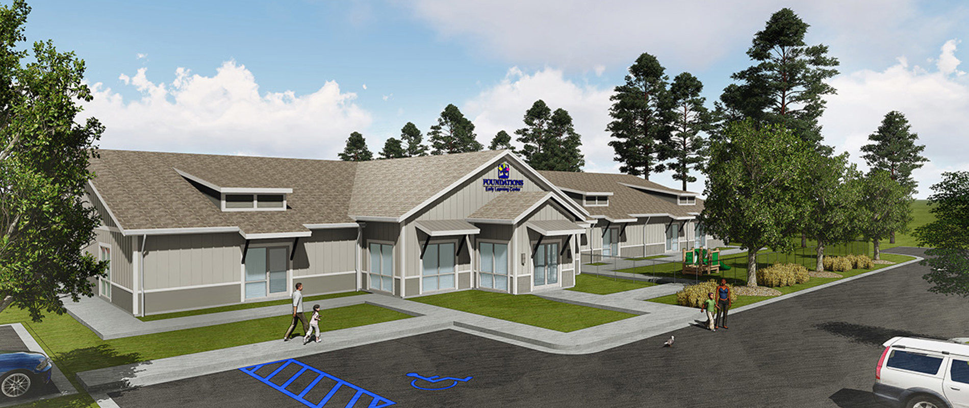 Architectural rendering of Foundations Early Learning Center building exterior showing a one-story building with gabled entrance, board-and-batten siding, and parking lot