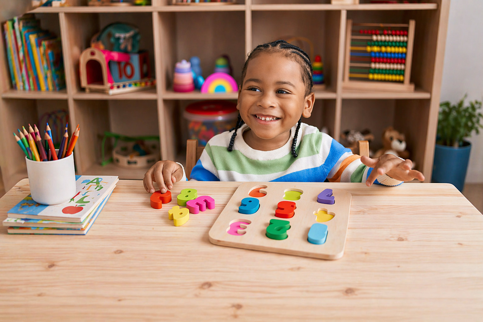Pre-K boy at daycare working on a puzzle to learn letters and numbers