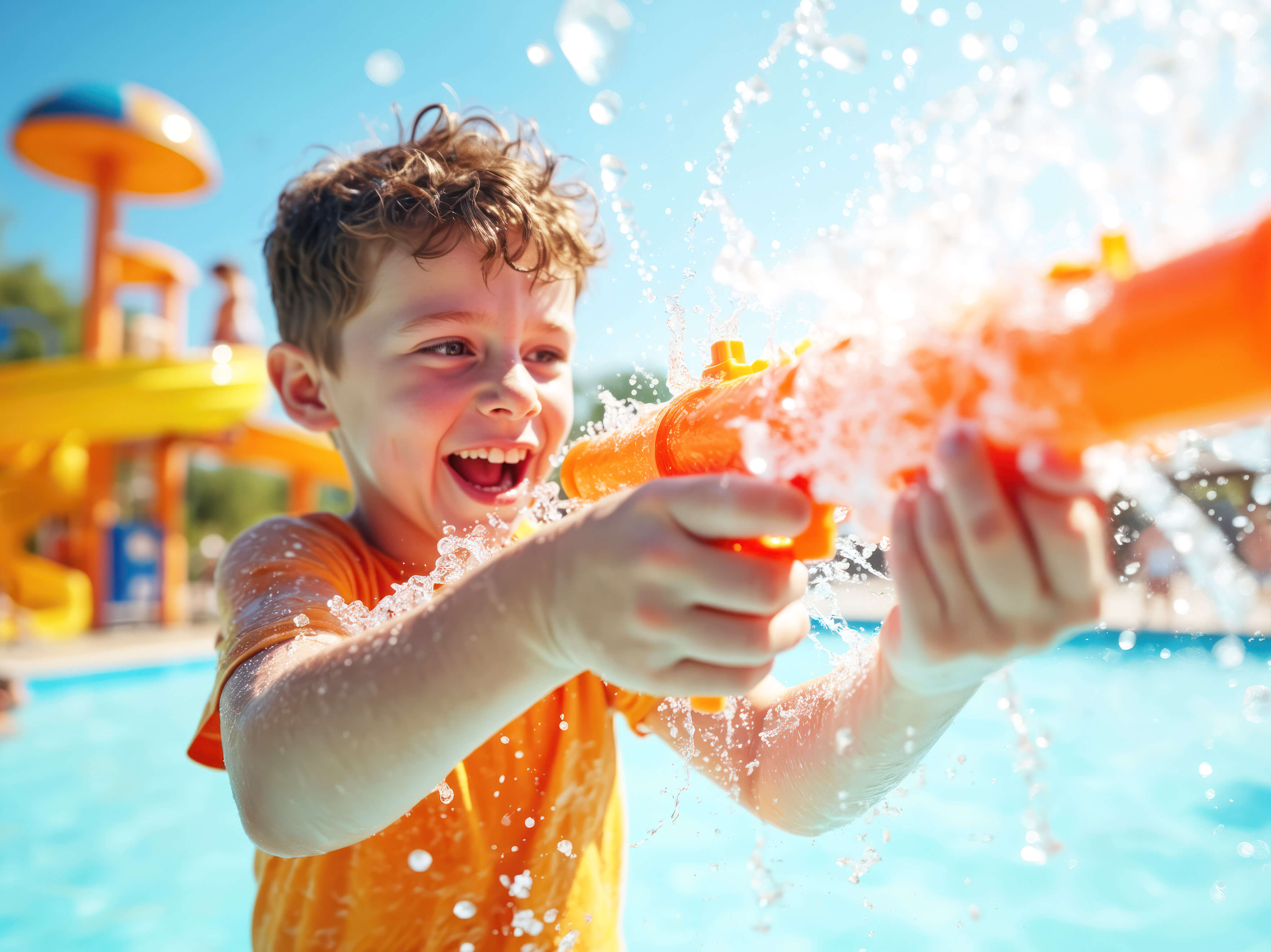 Child laughing while playing with a water gun at a summer water park at summer camp