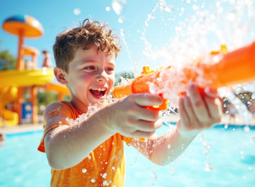 A smiling boy in bright orange playing outside with a water toy, representing the summer camp program