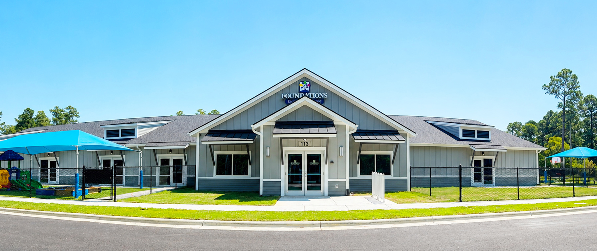 Front of preschool building at Foundations Early Learning Center in Leland, NC