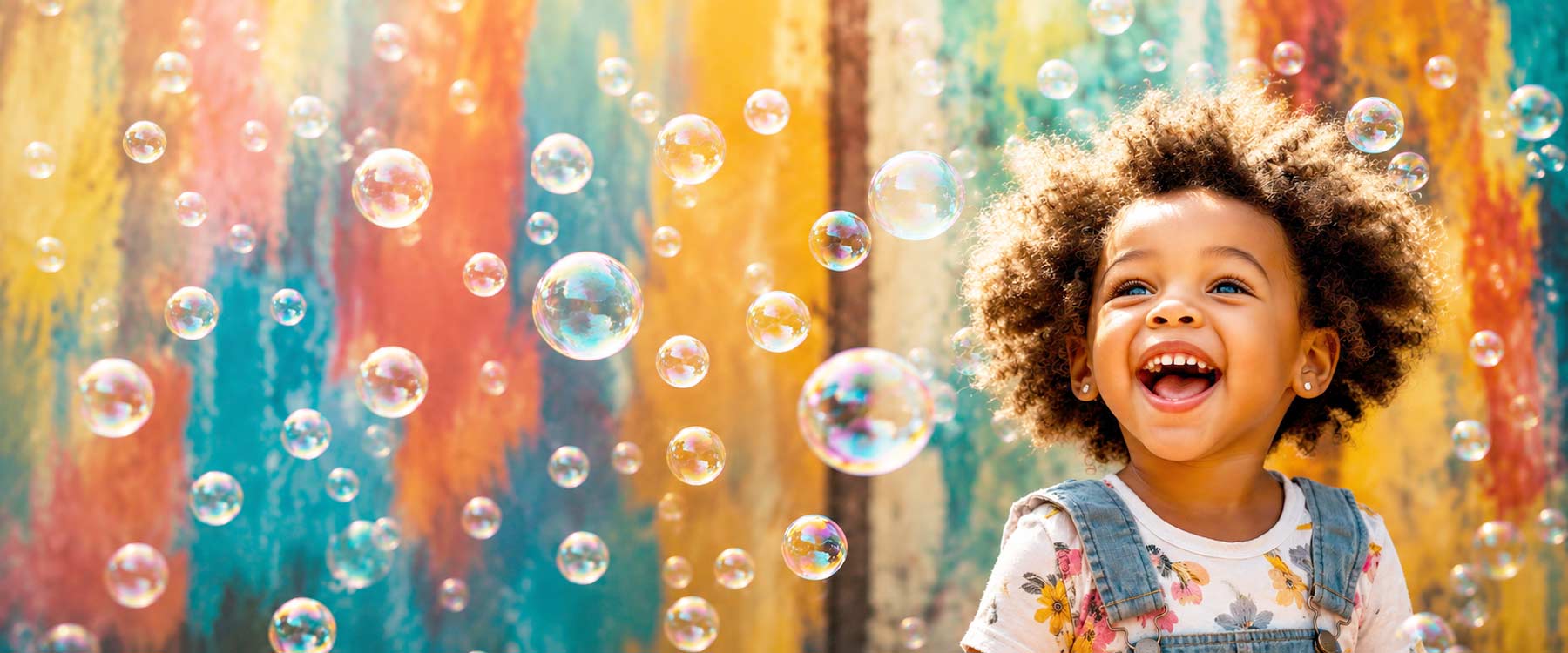 little girl in overalls playing in bubbles at daycare