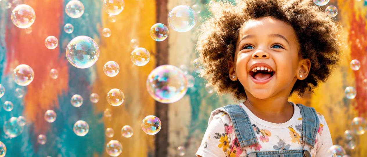 little girl in overalls playing in bubbles at daycare