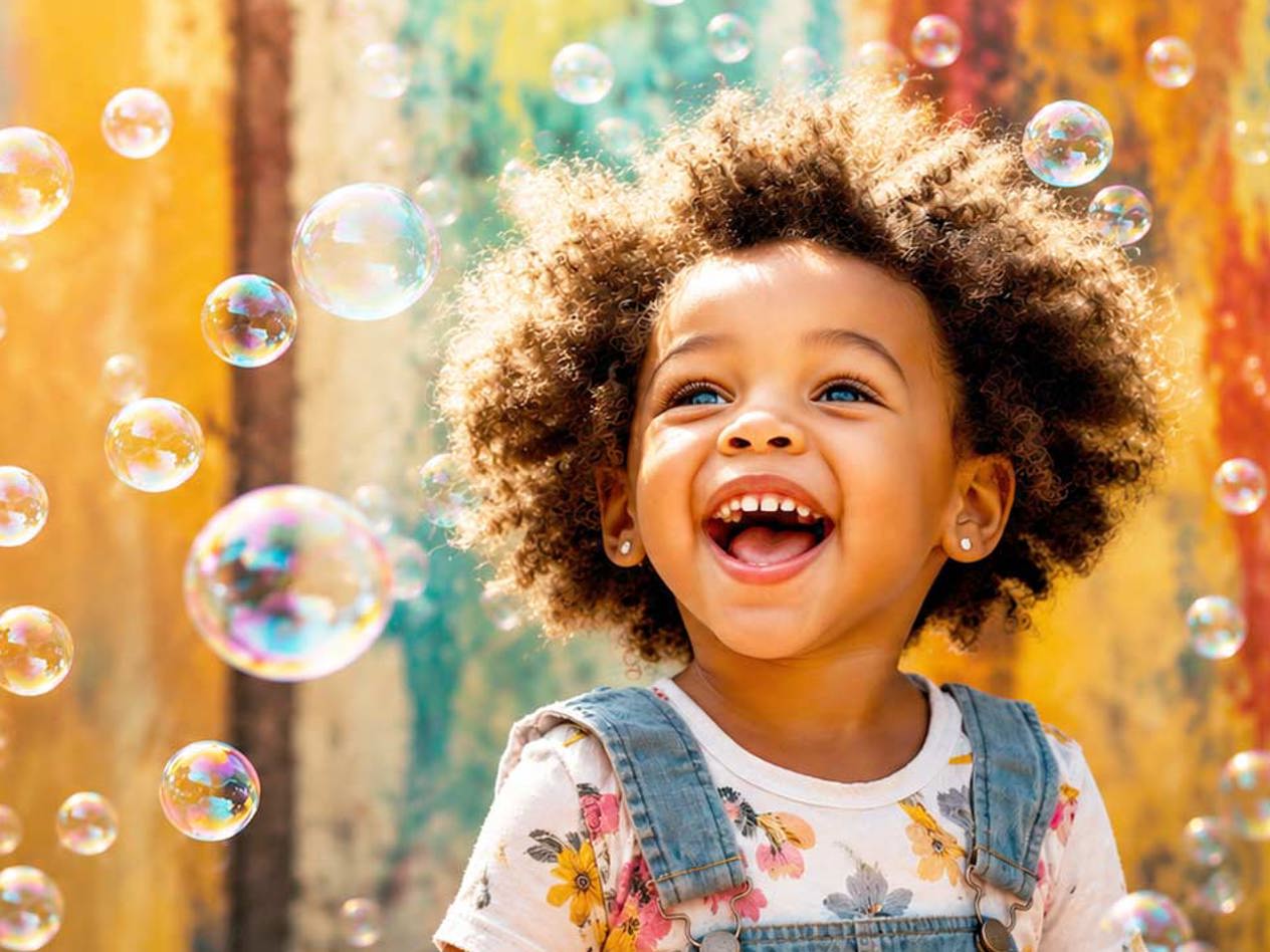 little girl in overalls playing in bubbles at daycare