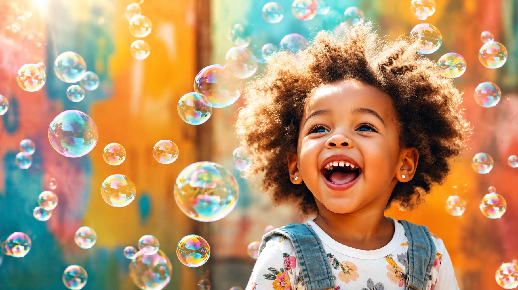 little girl in overalls playing in bubbles at daycare