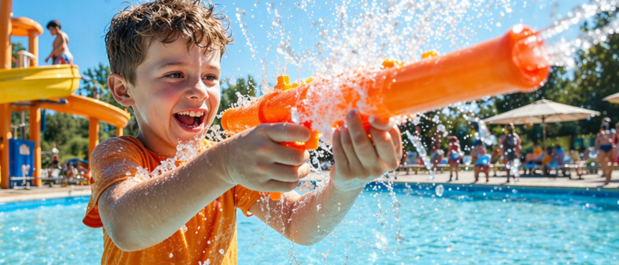 Child laughing while playing with a water gun at a summer water park at summer camp