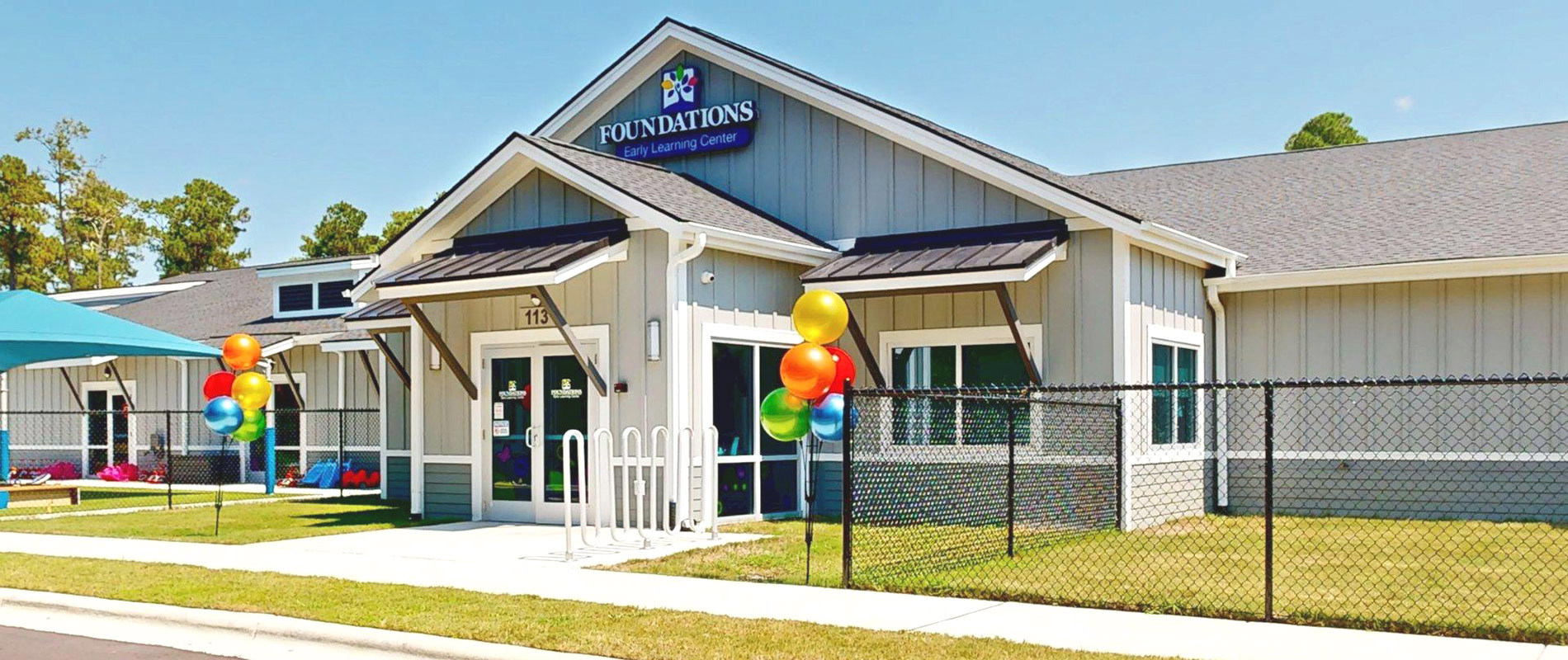Front of preschool building at Foundations Early Learning Center in Leland, NC