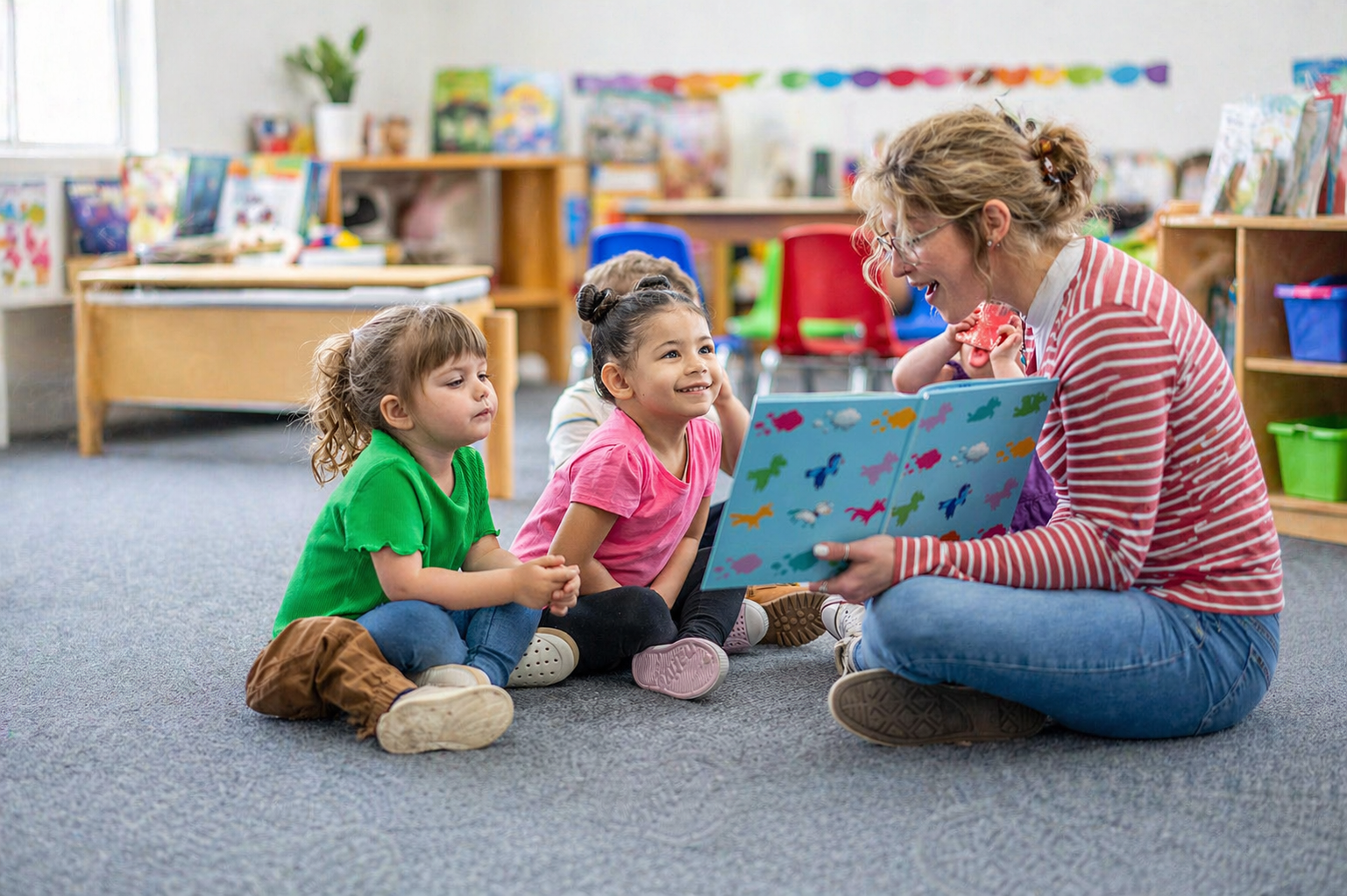 Teacher reads a book to a group of smiling Pre-K students.