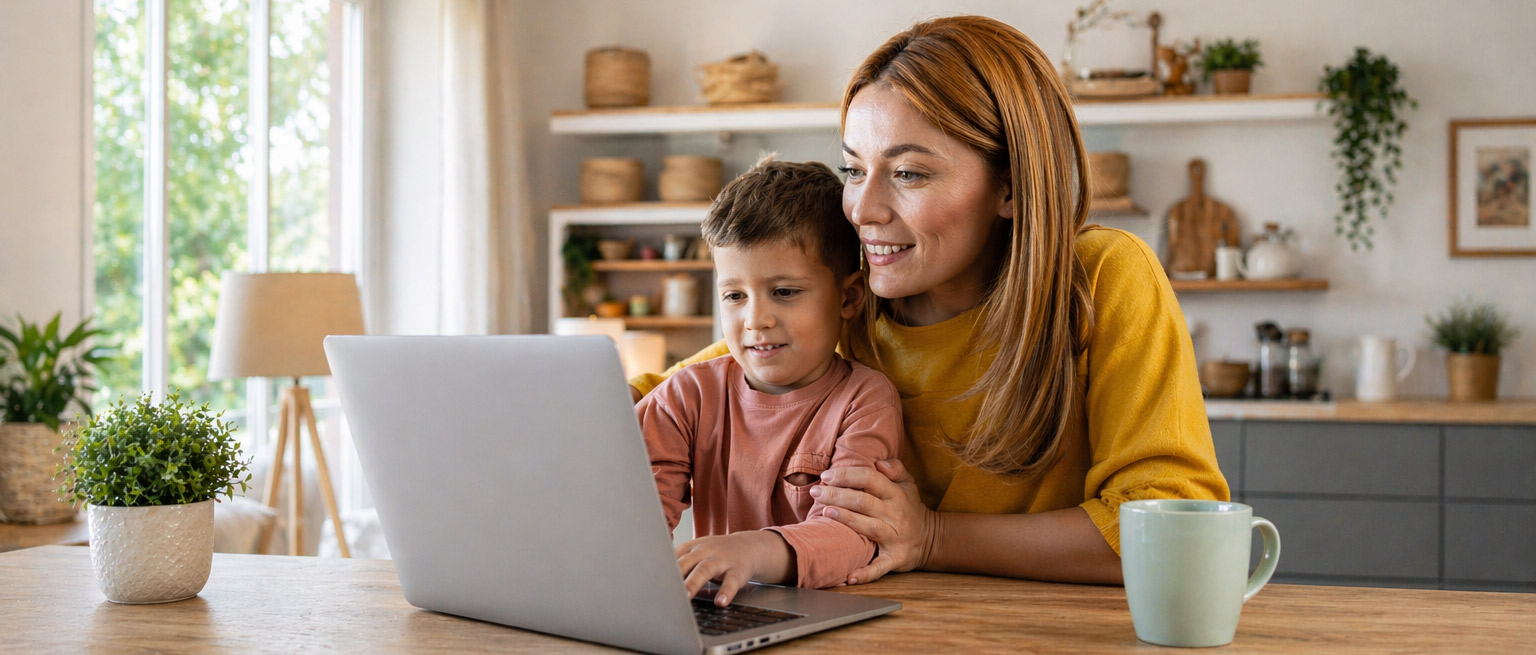 Mother and child sitting at a computer learning how to enroll at Foundations Early Learning Center