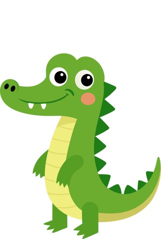Friendly cartoon green alligator mascot, the Foundations Early Learning Center website character